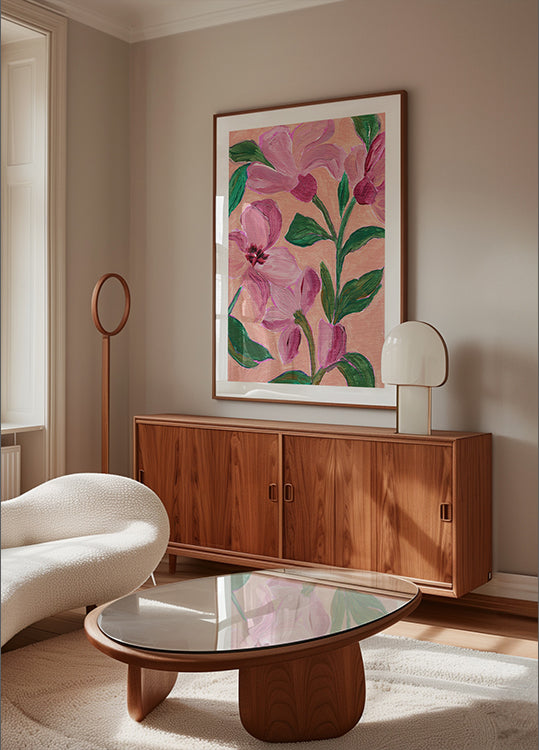 Pink Flowers With Bold Green Leaves Plakat