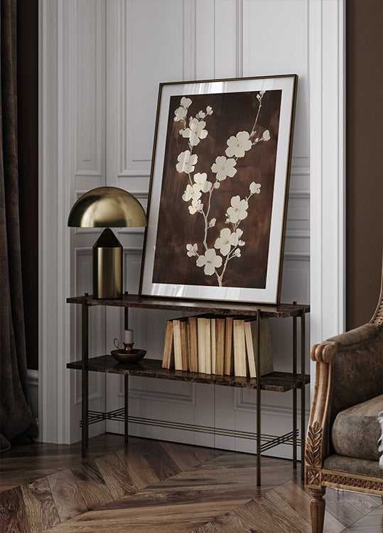White Cherry Blossom Brown Background Plakat