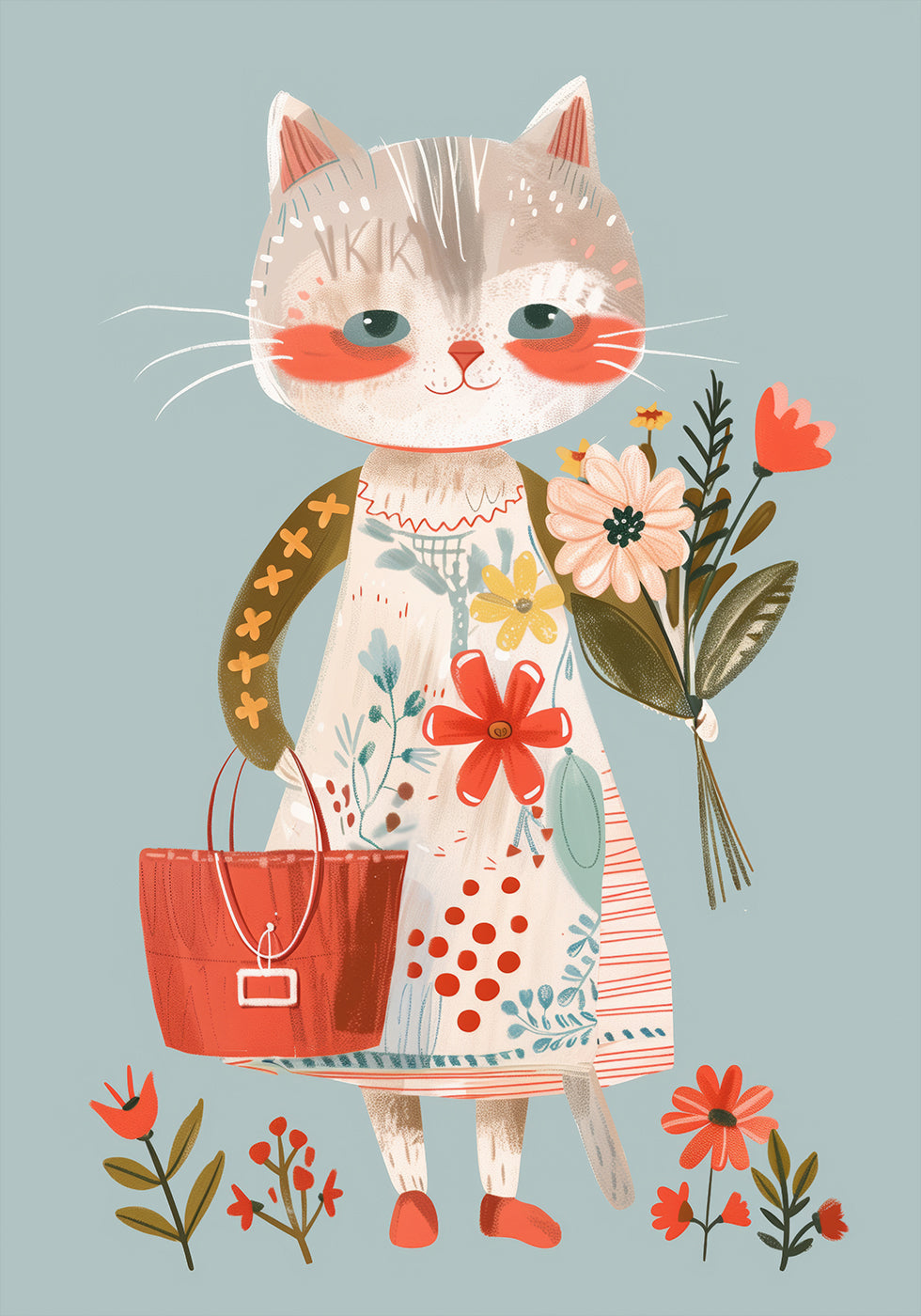 Cat in Floral Dress Holding Flowers Plakat