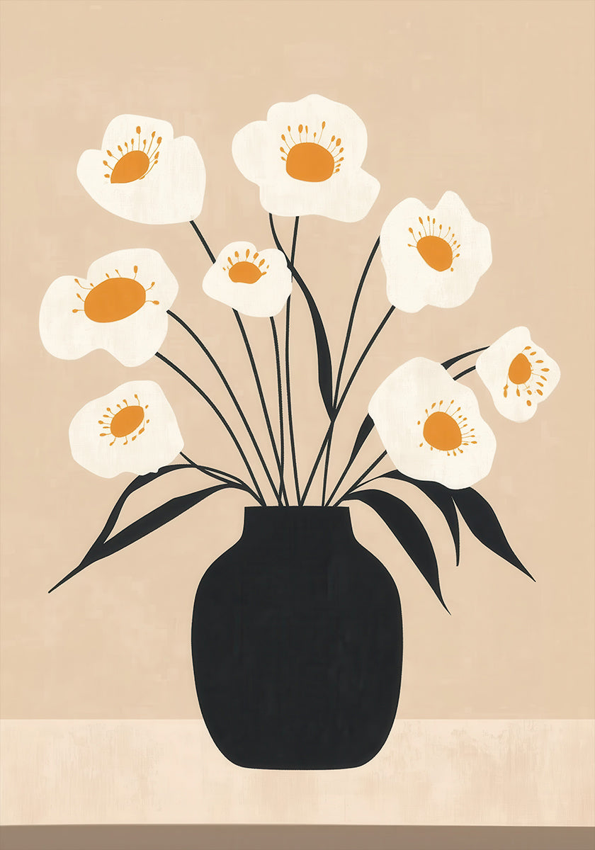 White Flowers in Black Vase Plakat