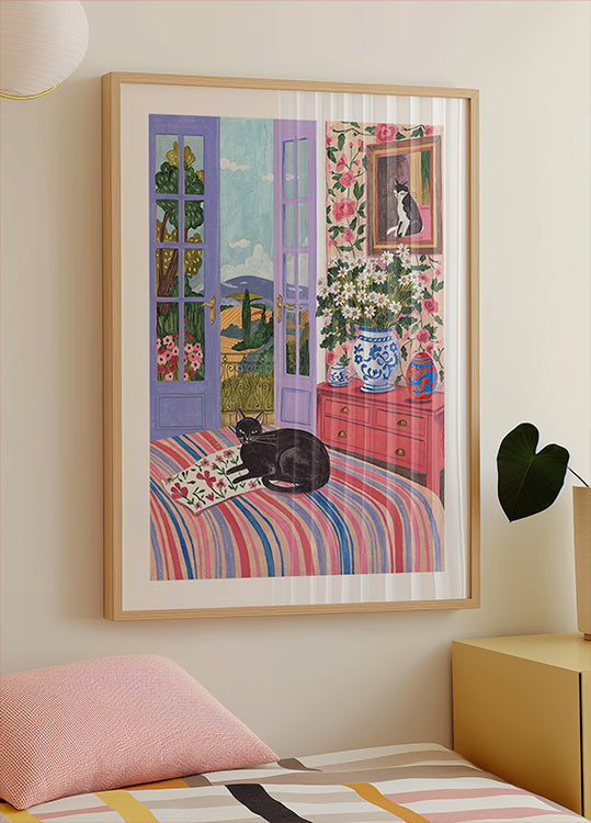 Black Cat on Bed French Doors Garden View Plakat