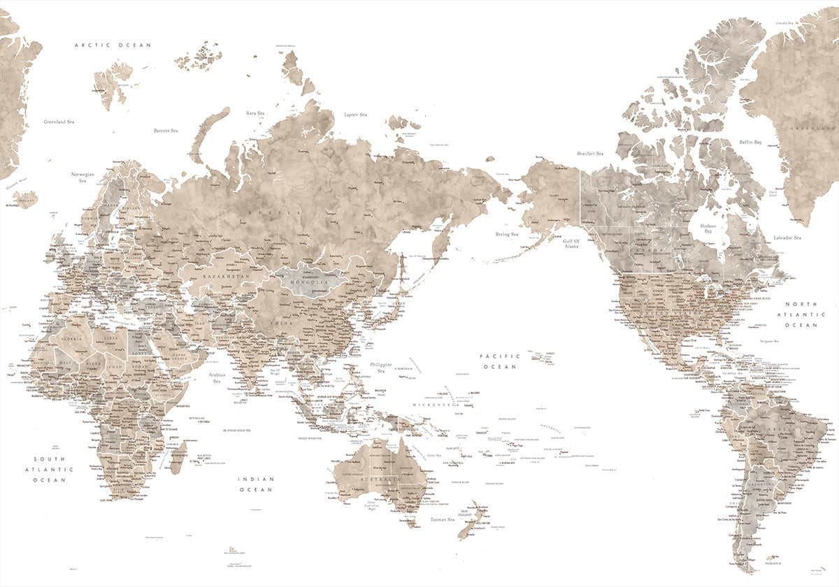 Pacific centered world map in taupe Plakat