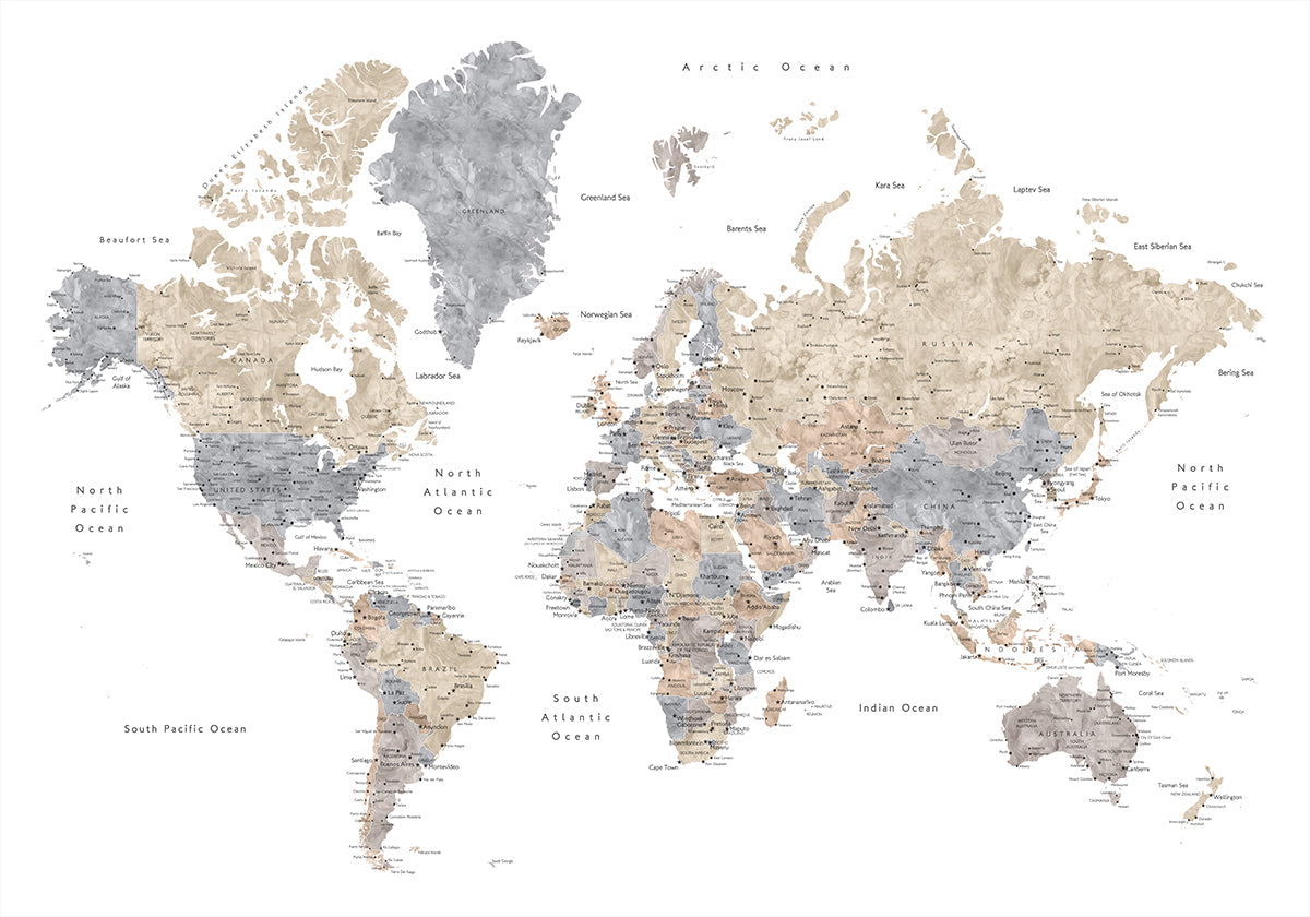 Watercolor world map with cities, Gouri Plakat