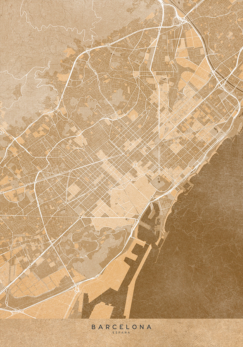 Map of Barcelona (Spain) in sepia vintage style Plakat