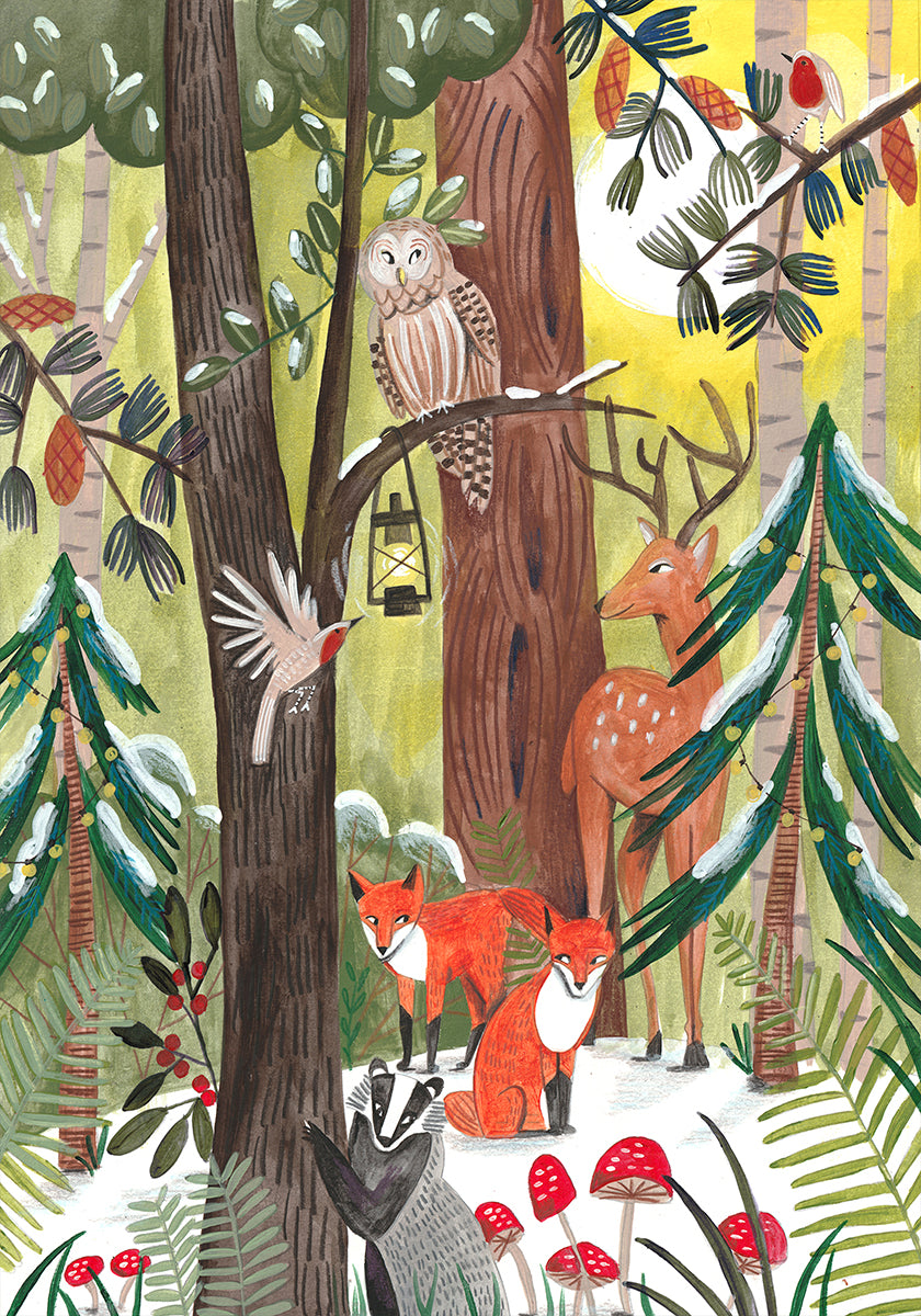Green Christmas forest with animals