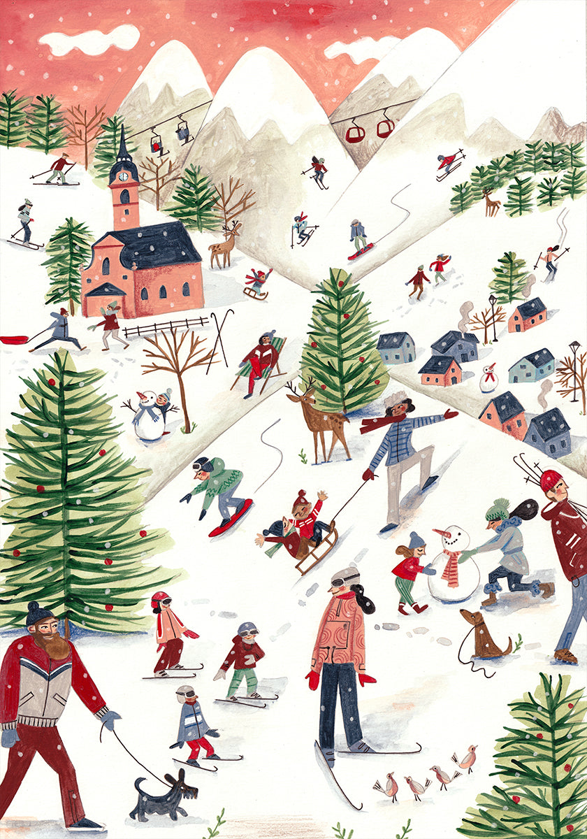 Mountain landscape with houses in the snow Poster