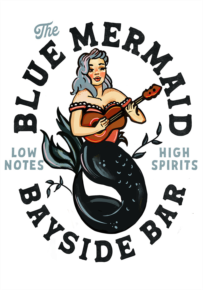 Blue Mermaid Bayside Bar. Dive Bar Music Pinup Plakat