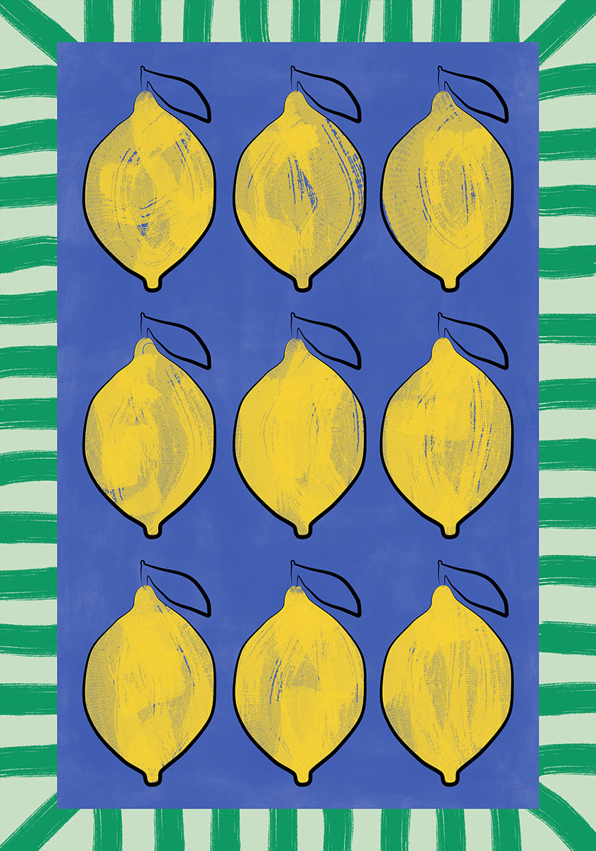 Vibrant Yellow Lemons on a Deep Blue Plakat
