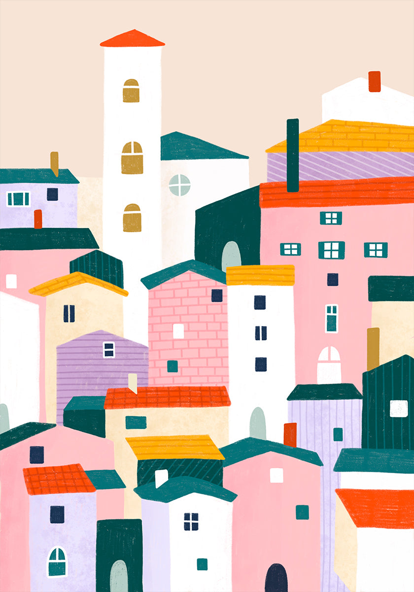 Colorful Village Scene Plakat
