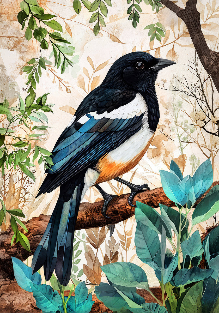 Animal Watercolor Art Bird Magpie Plakat