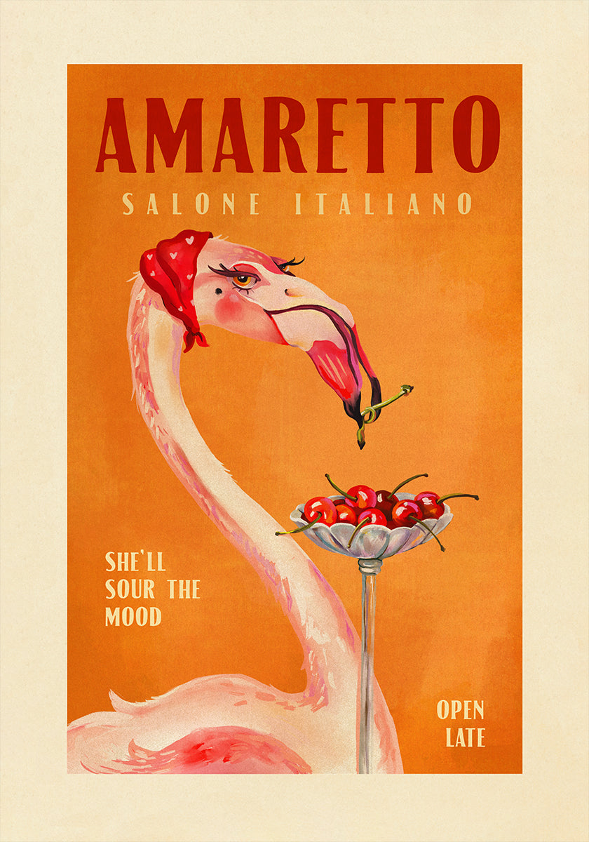 Amaretto Flamingo Art Deco Italian Cafe Travel Art Plakat