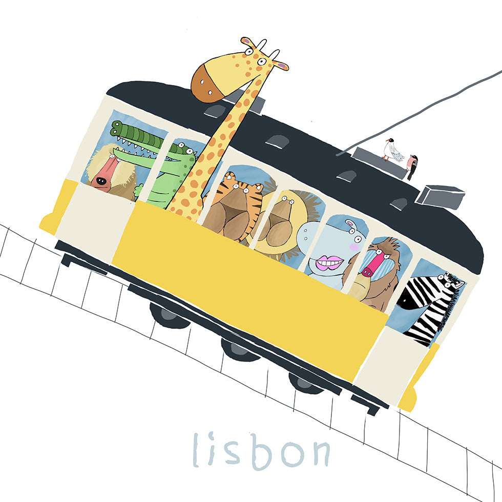 Famous Lisbon Yellow Tram with Jungle Animals by Carla Daly Plakat