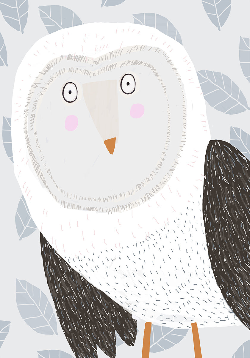 Funny Winter Owl with Grey Leaf Pattern by Artist Carla Daly Plakat