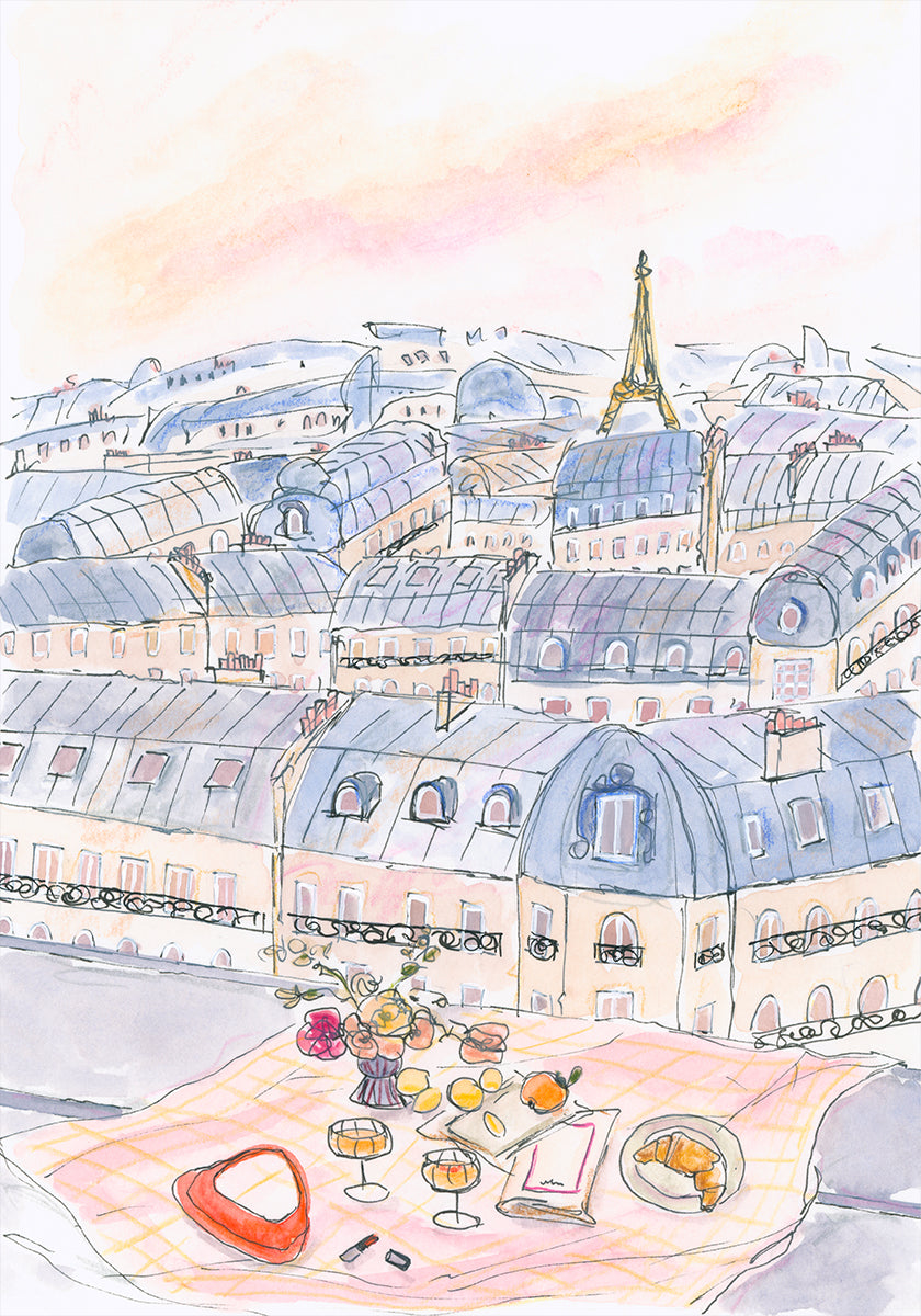 Parisian Rooftop Picnic With Eiffel Tower Views Plakat