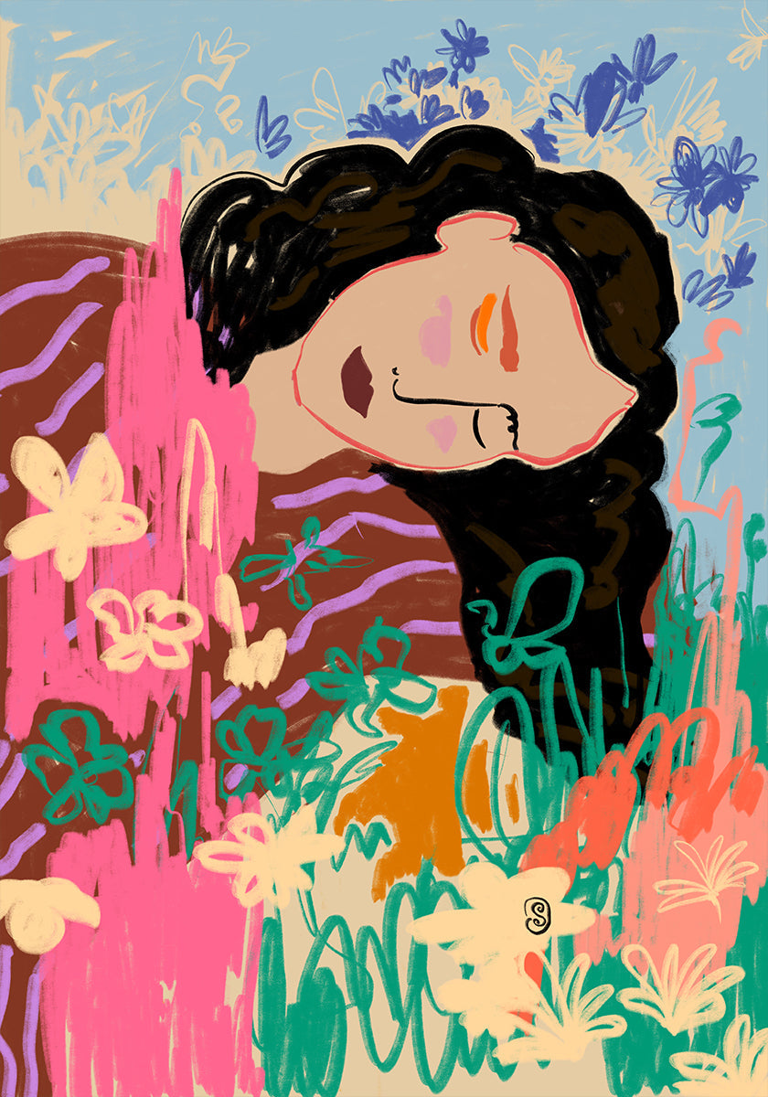 Expressive Figure Surrounded By Colorful Flowers Plakat