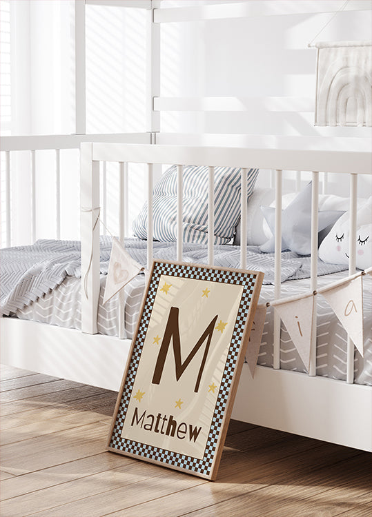 Personalized Baby Name Blue Checkered Star Plakat