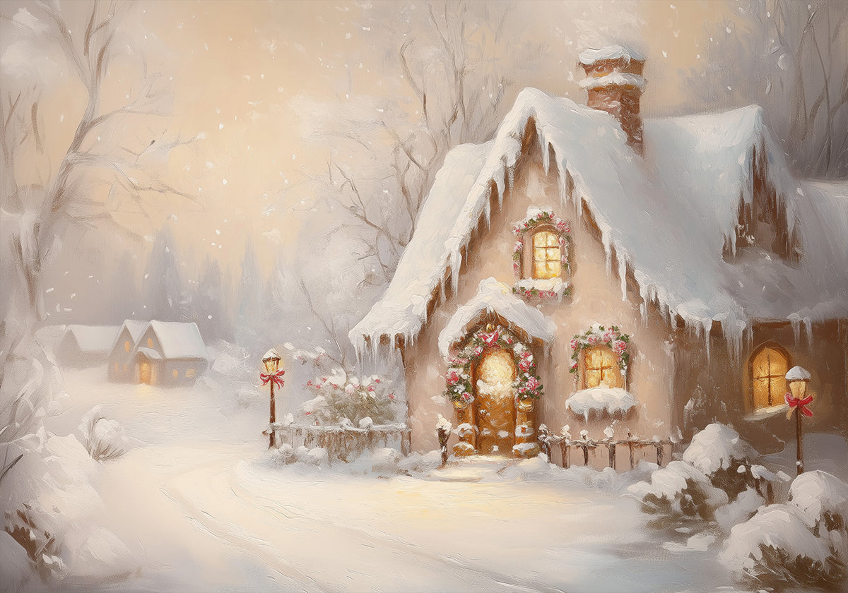 Snowy Cottage at Dusk Plakat