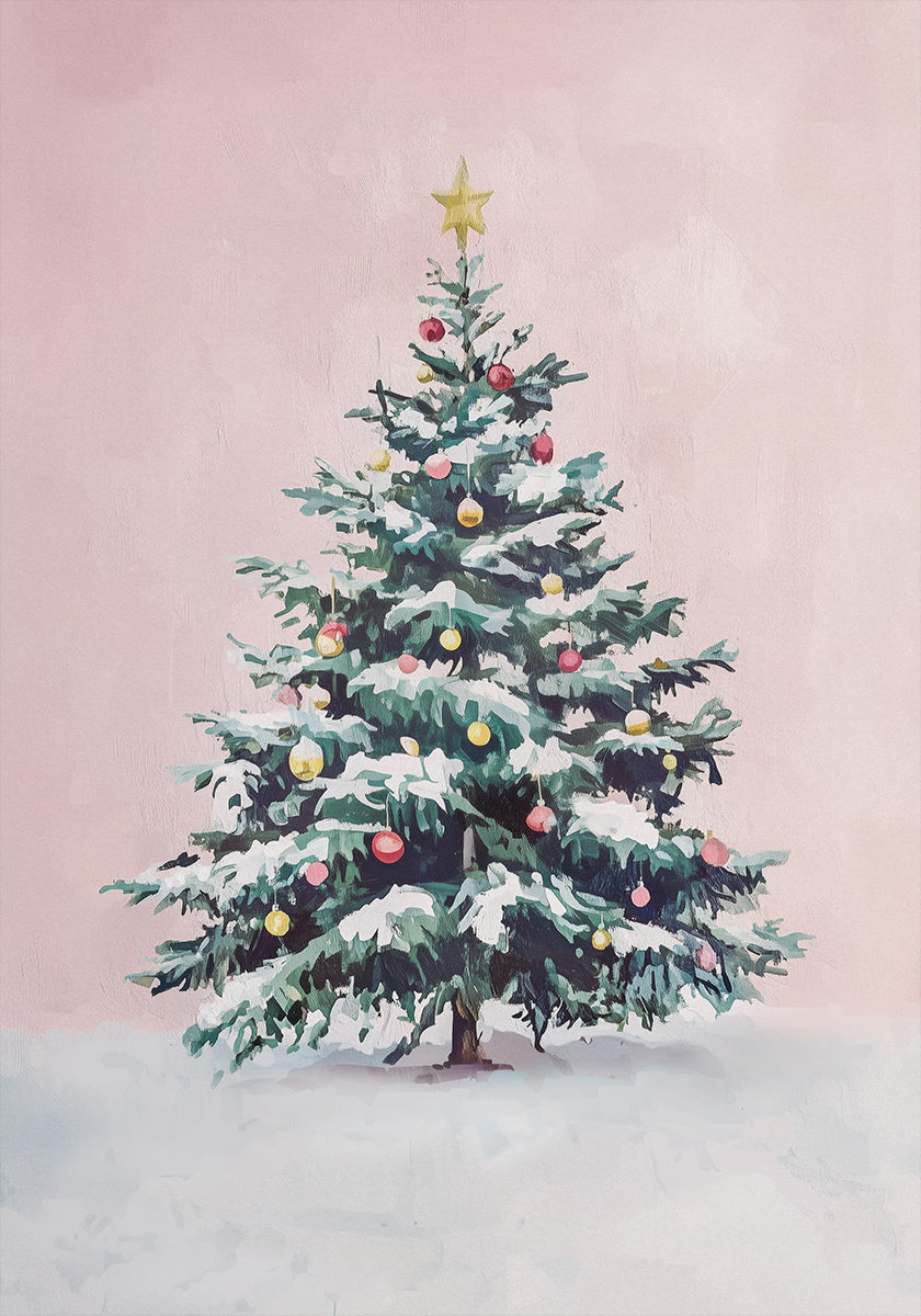 Snow-Covered Christmas Tree with Ornaments Plakat