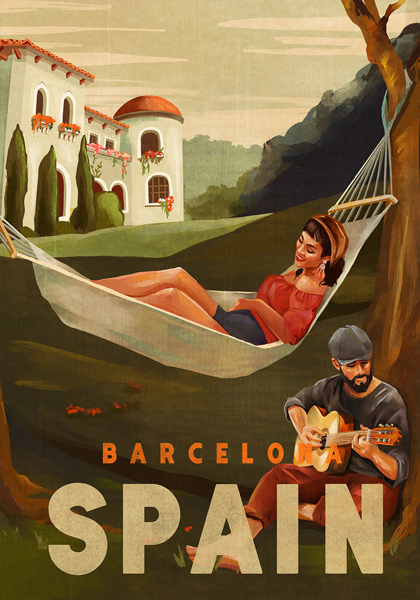 Barcelona Spain Guitar Player Travel Art Plakat