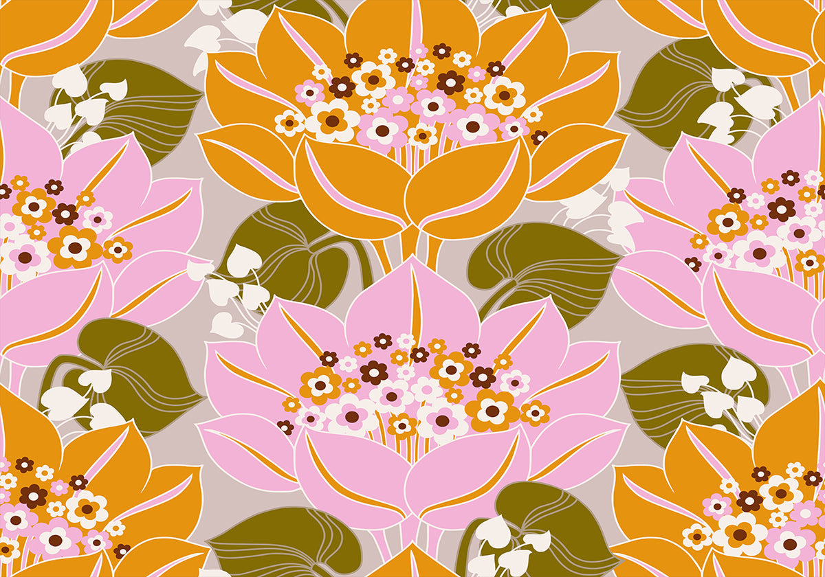 Pink and Orange Flowers with Green Leaves Plakat