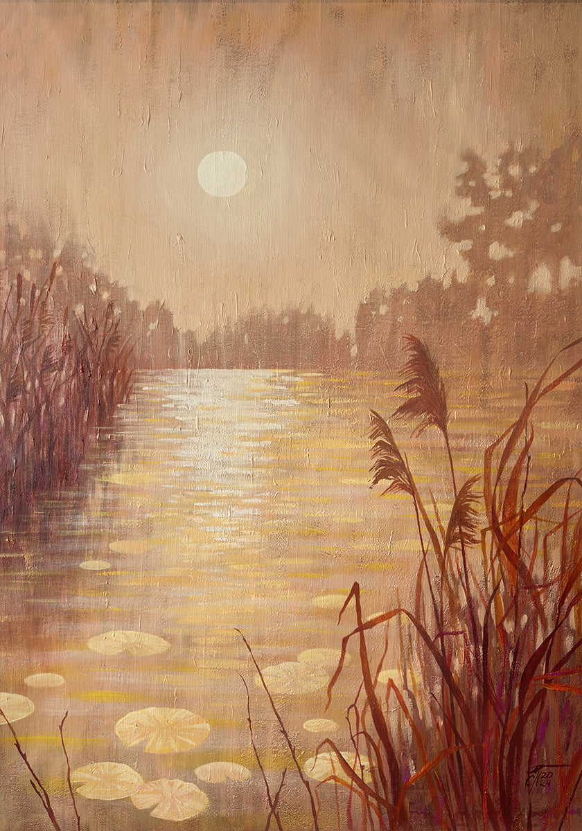 Pond With Reeds At Sunset Plakat