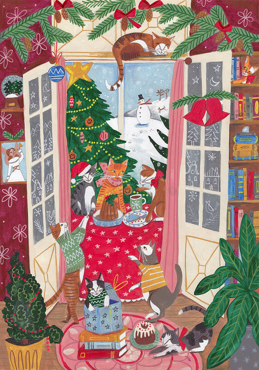 Cats in the Window at a Snowy Christmas in Bright Colours Plakat