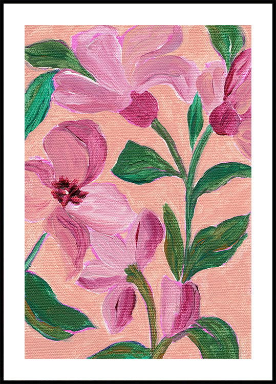 Pink Flowers With Bold Green Leaves Plakat