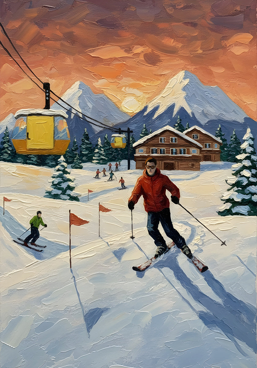 Skiing at sunset Plakat