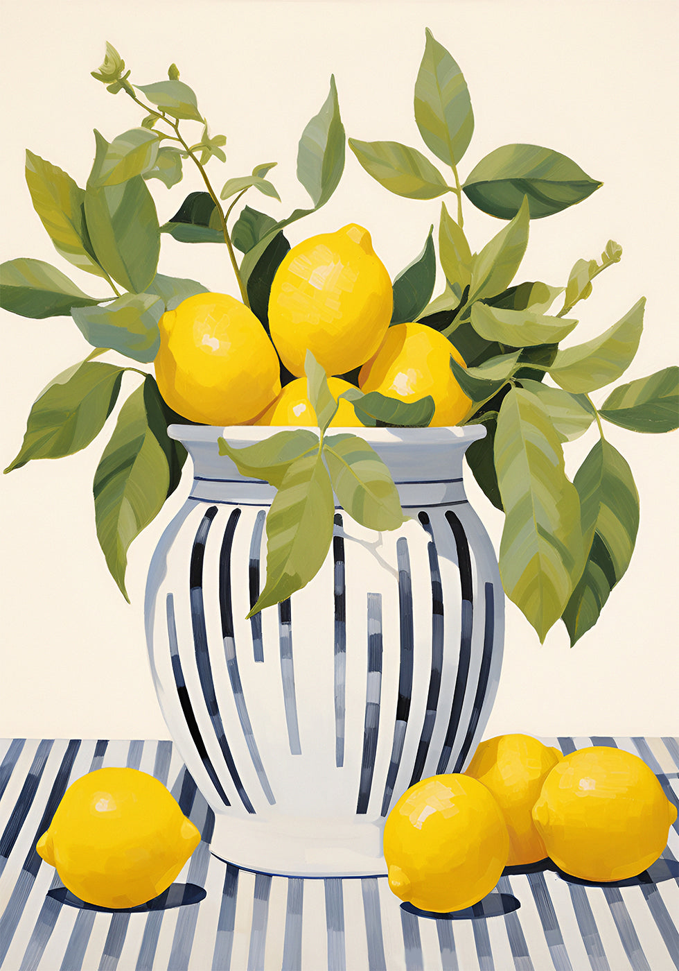 Lemons in a Striped Vase, Mediterranean Still Life Plakat