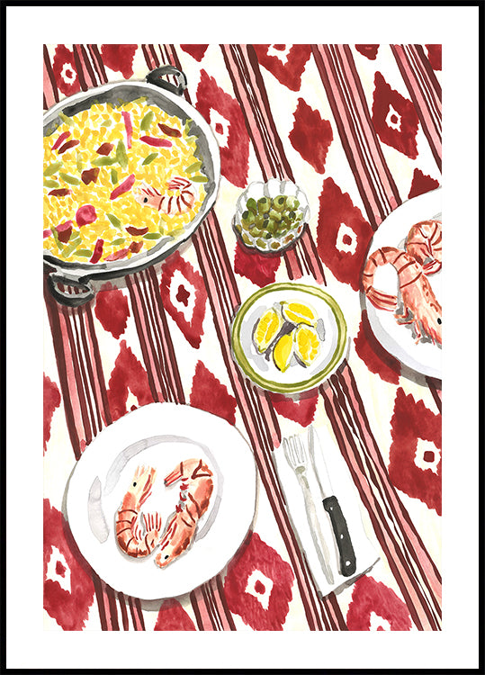 A vibrant and colorful illustration of a table set with a variety of dishes, including a large bowl of rice, a plate of shrimp, and a plate of fruit.