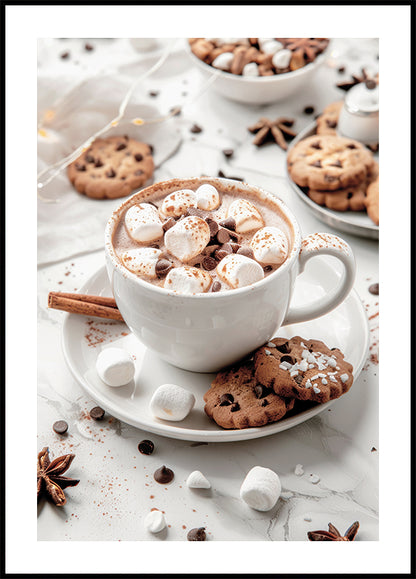 a cup of hot chocolate with marshmallows on a saucer