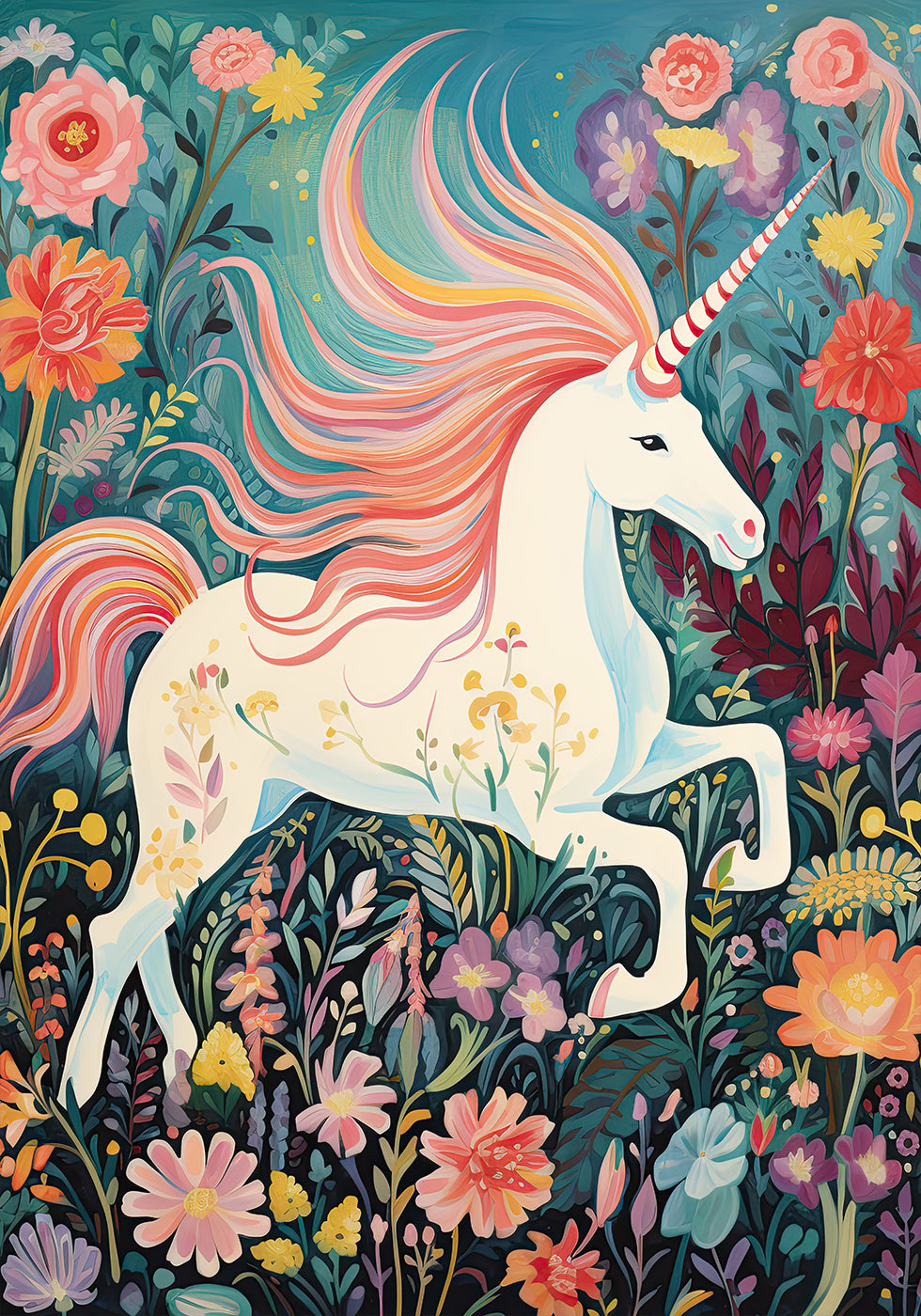 Magical Unicorn In Floral Meadow Plakat