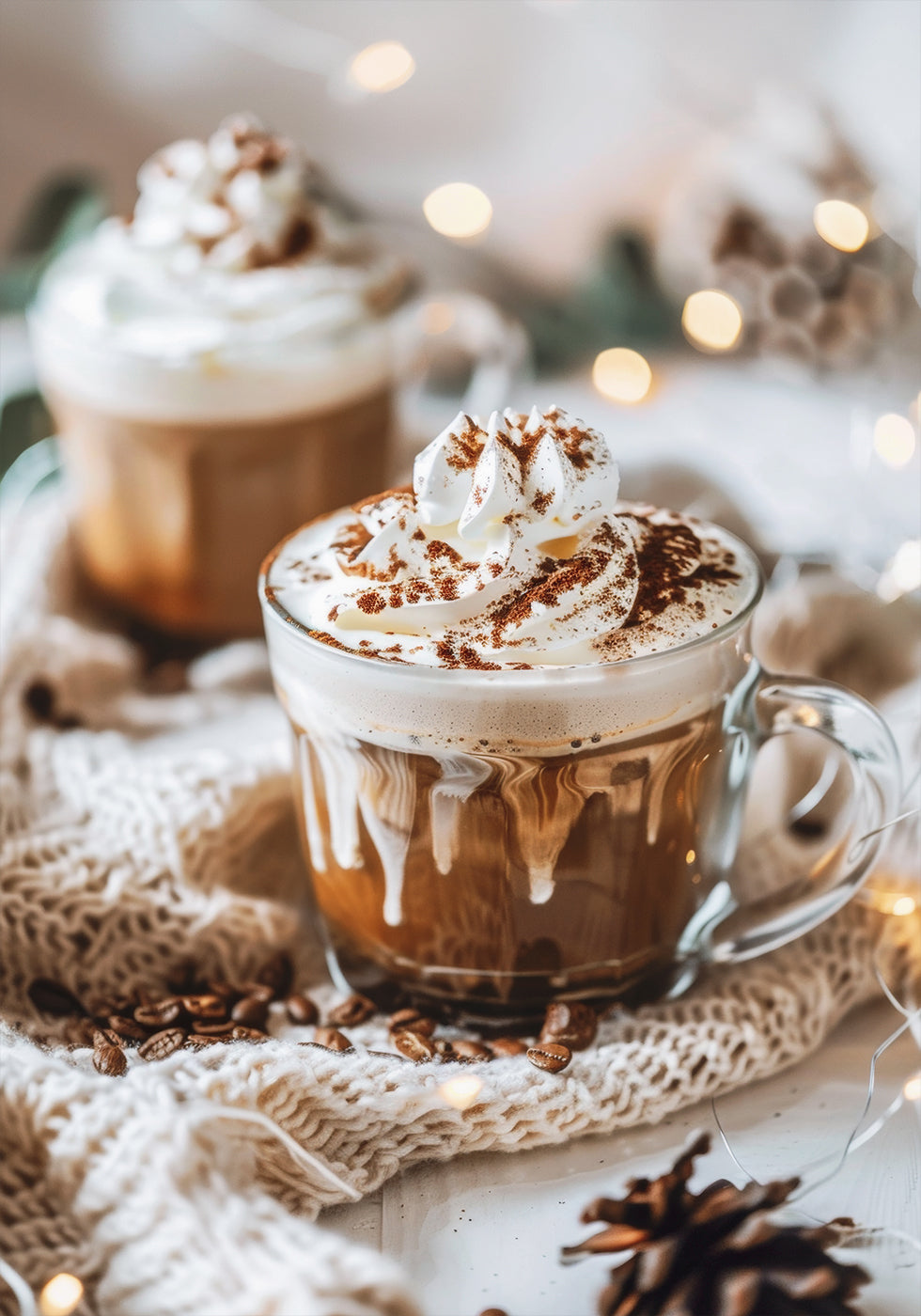 two cups of hot chocolate with whipped cream on top