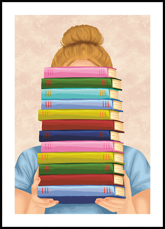 Girl With Stack of Books Plakat, Pastel Book Lover Wall Art, Cute Reading Illustration Print for Library or Study Room Plakat