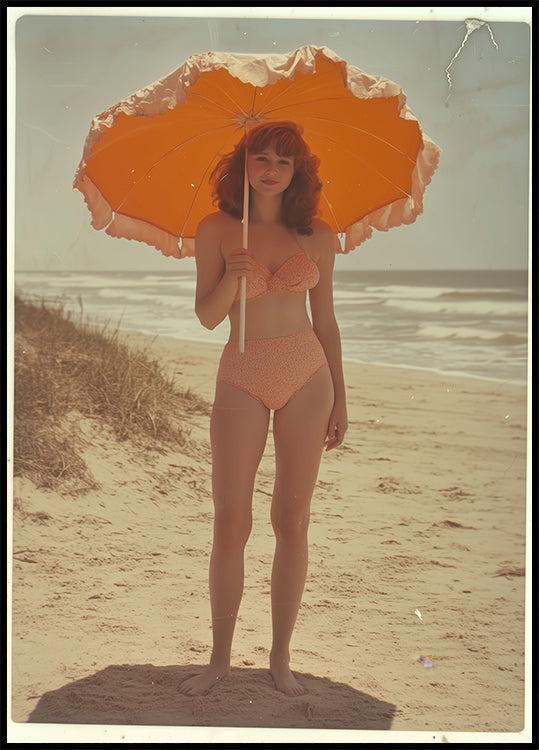 Retro Nostalgic Summer Girl Holding  Sun Umbrella Plakat