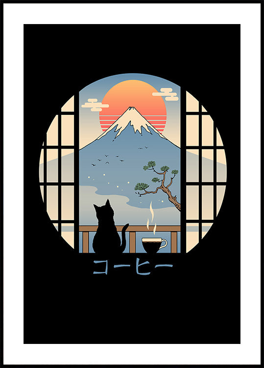 Coffee Cat In Mt. Fuji Plakat
