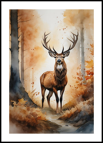 a painting of a deer standing in a forest