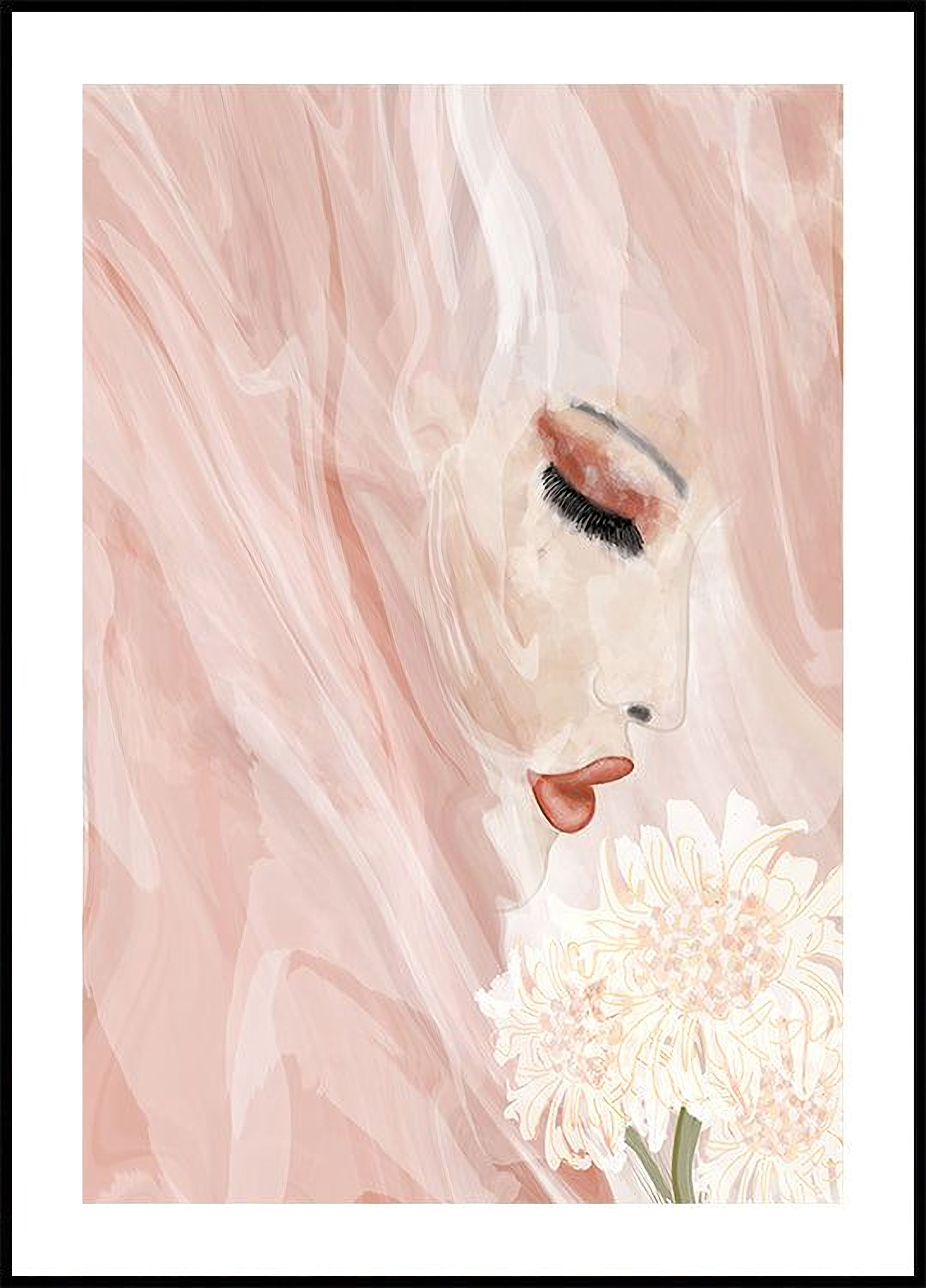 The image is a digital illustration featuring a close-up of a woman's face with her eyes closed, her lips slightly open, and a bouquet of white flowers in the background.