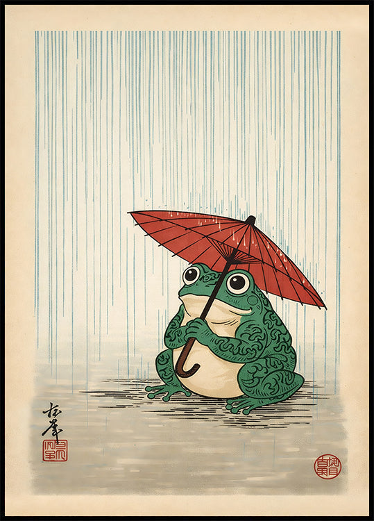 Japanese Frog with Umbrella Poster, Woodblock Art Print Plakat