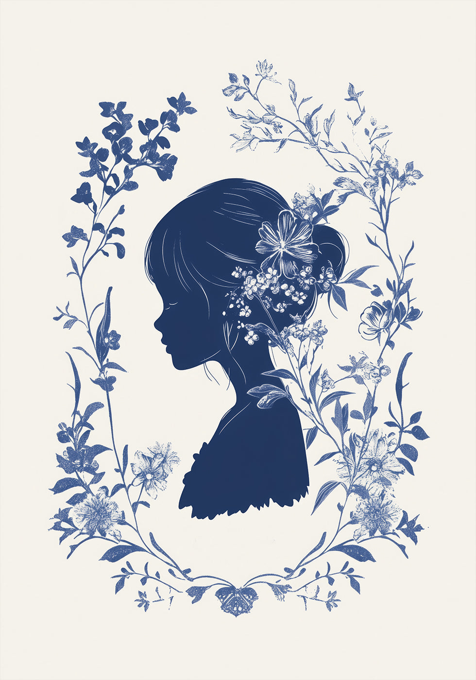 Floral Silhouette, Girl in Bloom, Indigo Botanical Plakat