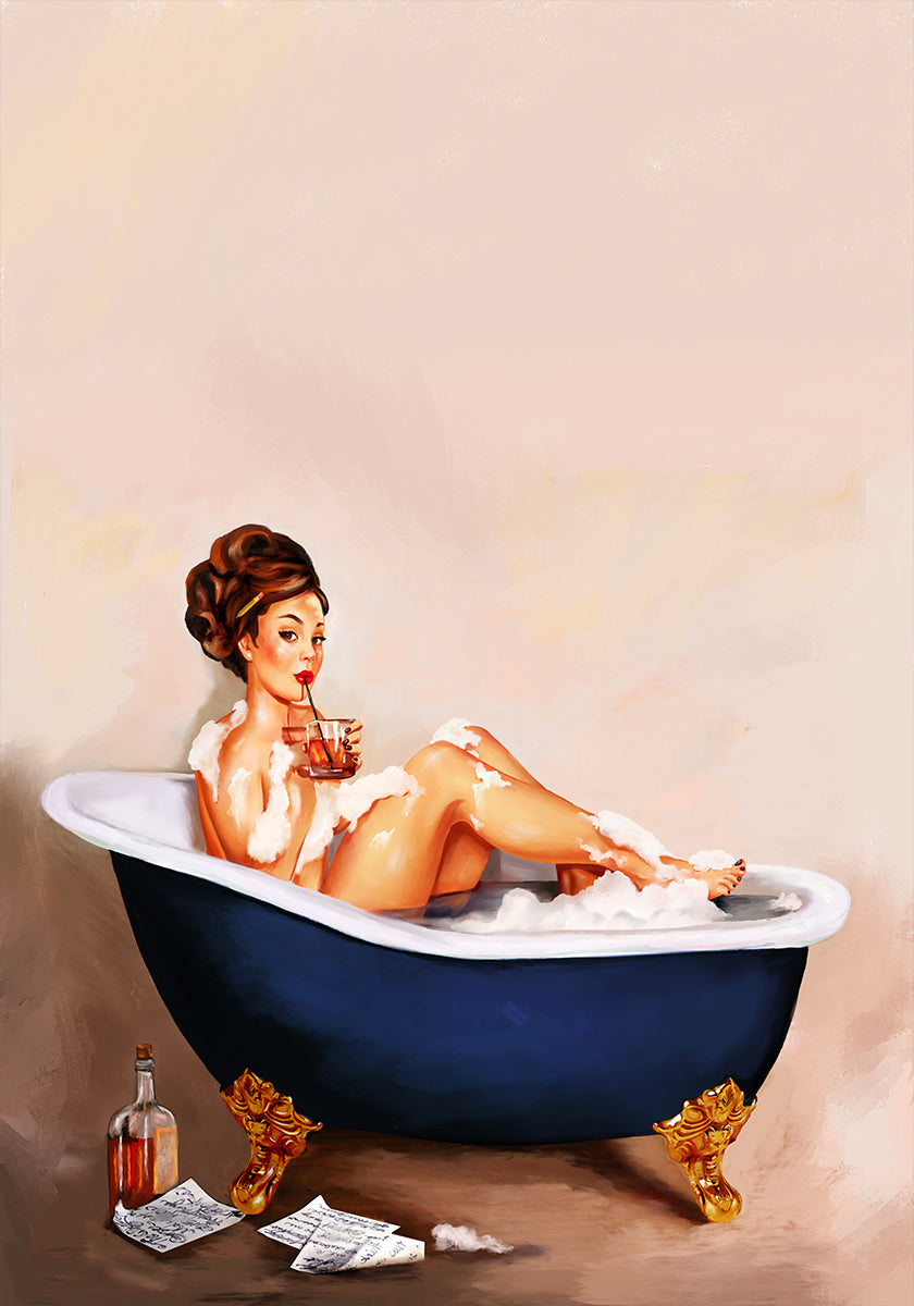 Bathtub Drinks: Pinup Girl Drinking In Bathroom Plakat