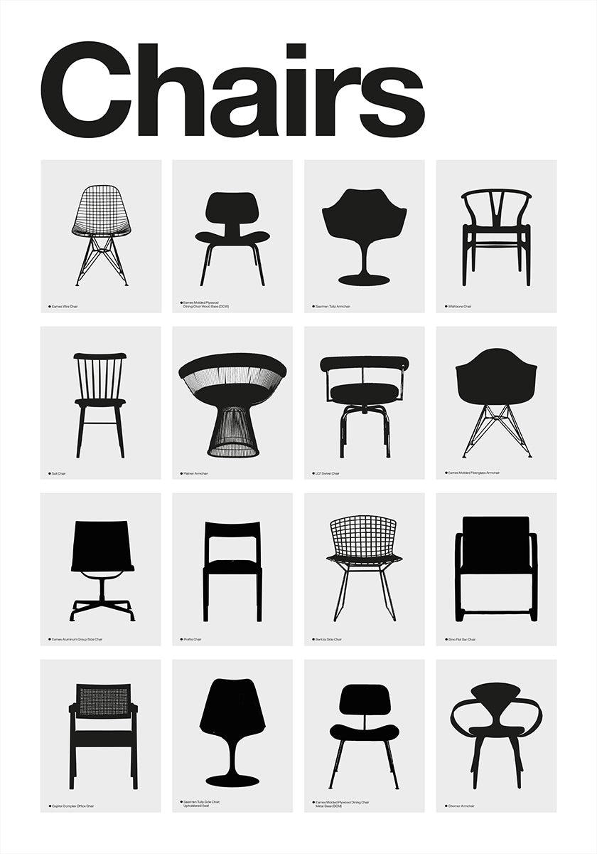 Iconic Chair Collection Poster: Black &amp; White Minimalist Art Plakat