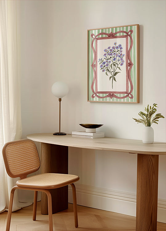 Asters in an Ornate Frame - Sage Green Stripes Plakat