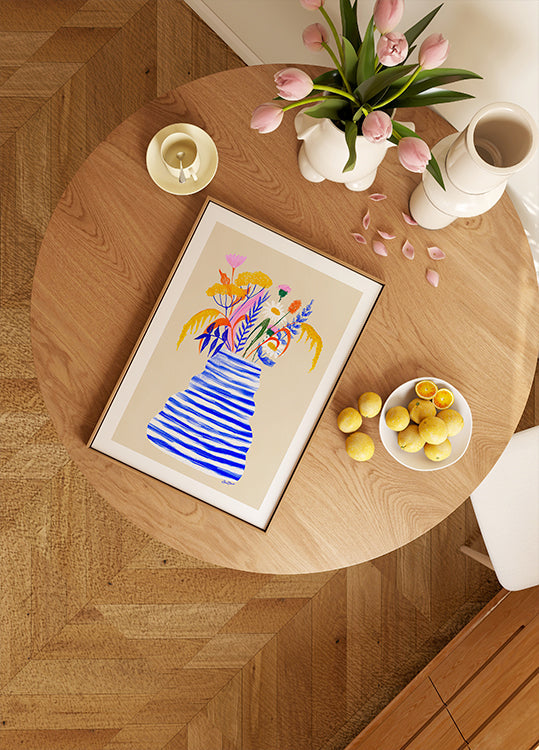 Happy Floral Vase with Stripes Plakat