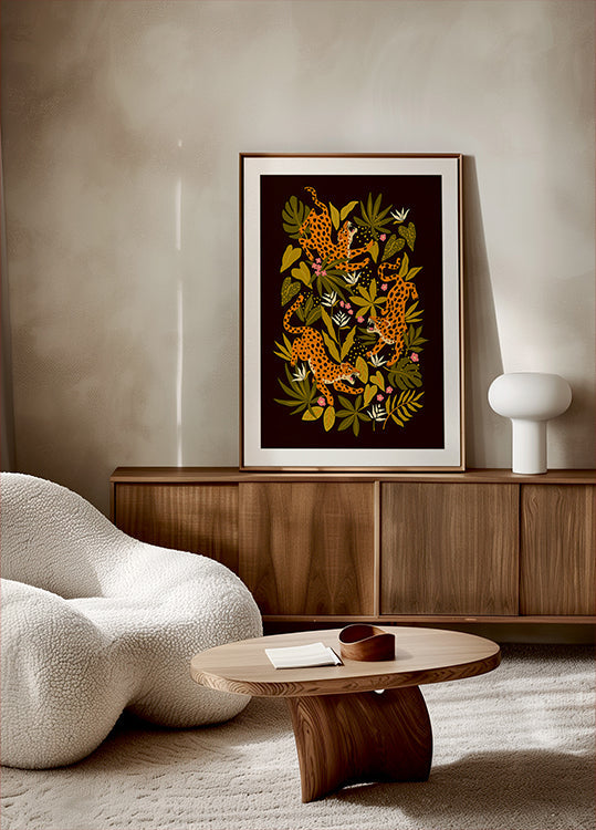 Leopards or jaguars with tropical leaves and plants on dark black background Plakat