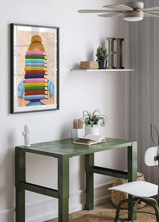 Girl With Stack of Books Plakat, Pastel Book Lover Wall Art, Cute Reading Illustration Print for Library or Study Room Plakat