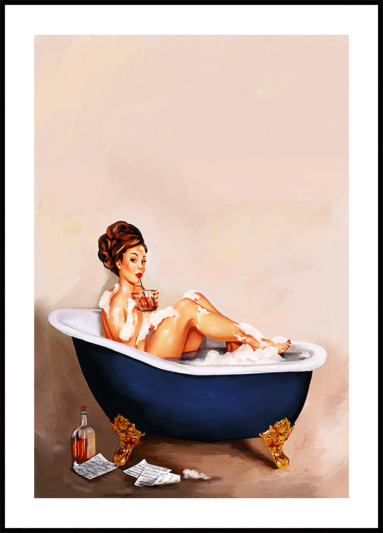 Bathtub Drinks: Pinup Girl Drinking In Bathroom Plakat