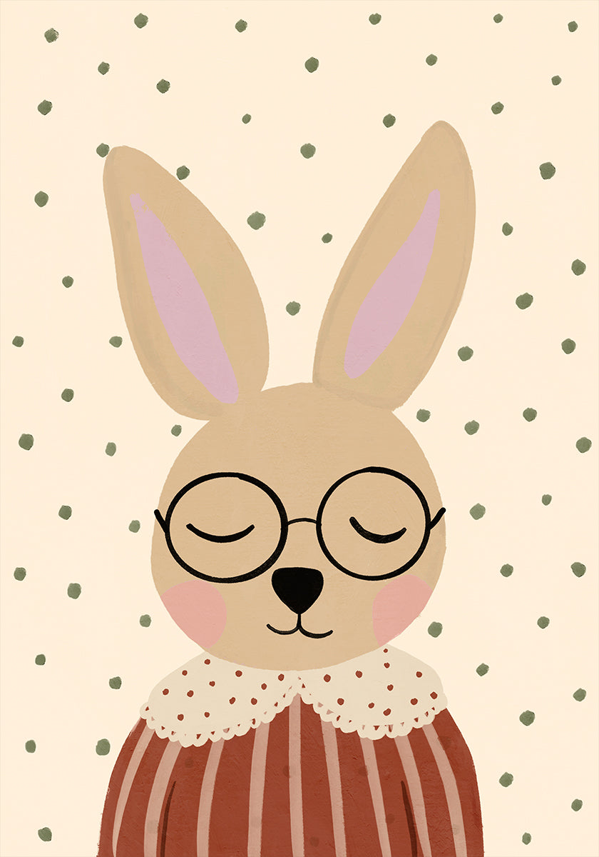 A cartoon rabbit wearing glasses and a red and white striped shirt, with its eyes closed and appearing to be in a relaxed or sleeping state.
