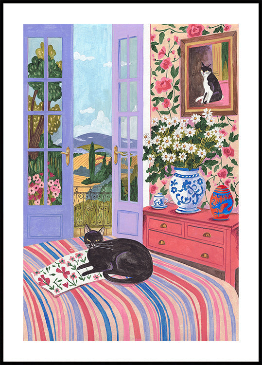 Black Cat on Bed French Doors Garden View Plakat