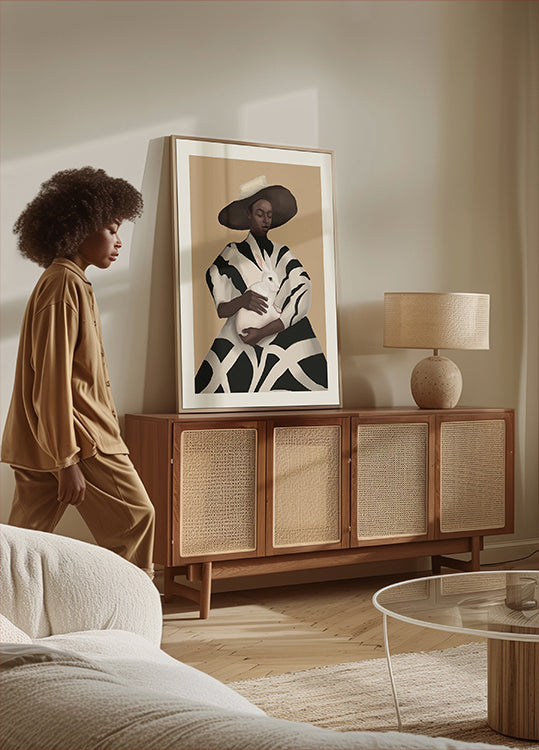 Woman In Stripes Holding a White Rabbit Plakat